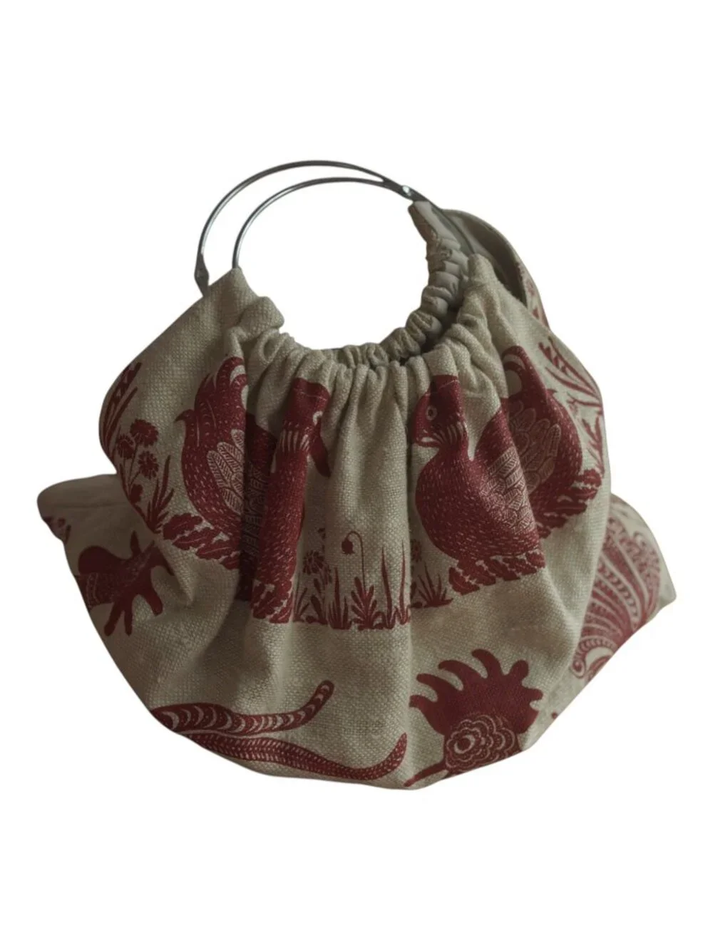 Vintage Rooster Bird Tapestry Ring Handle Bag Removable Cream Red Large